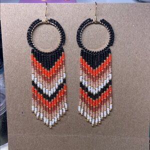 Handcrafted Beaded Fringe Earrings - Black, Orange, Gold